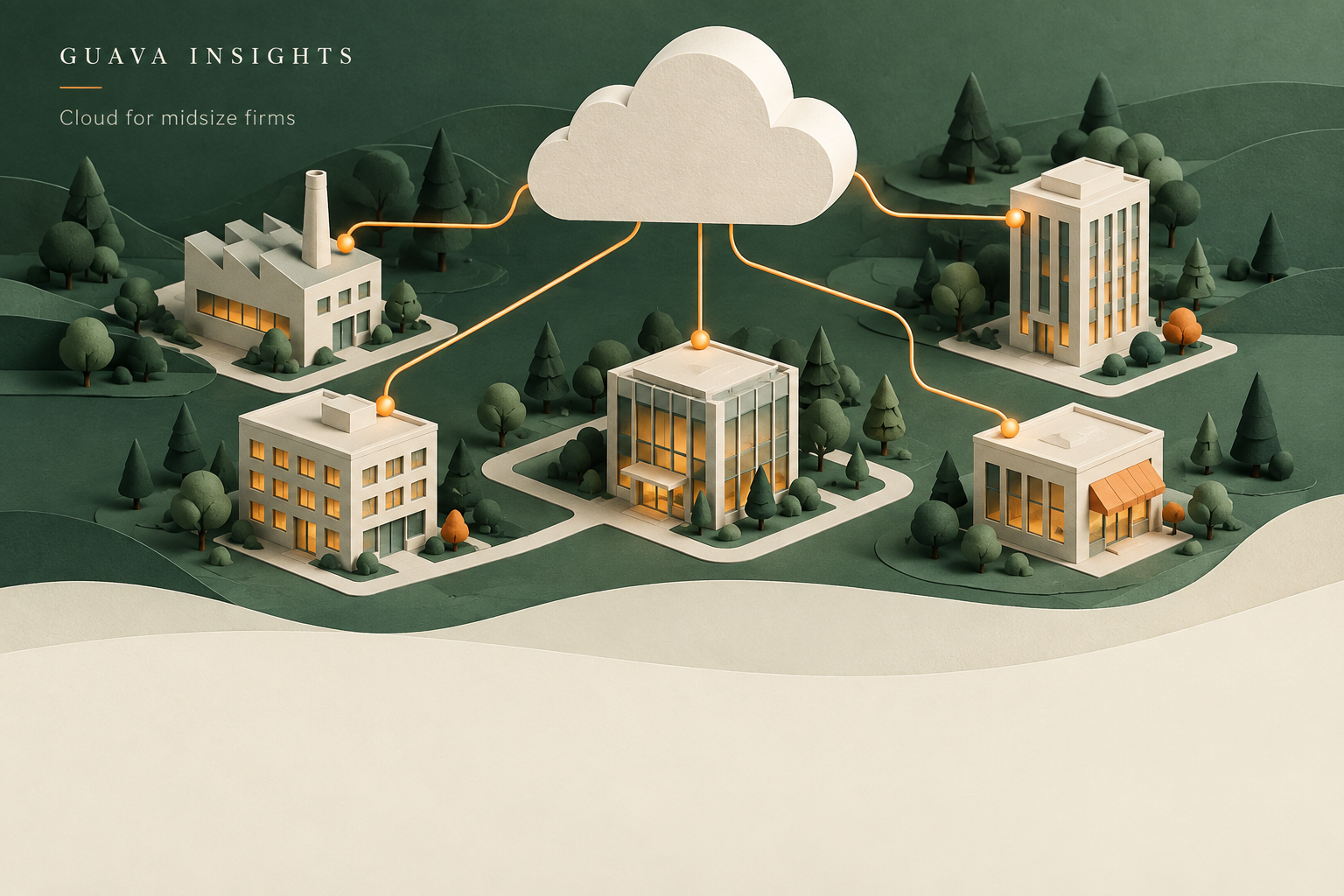Green and cream paper-cut illustration of businesses connected to a cloud.