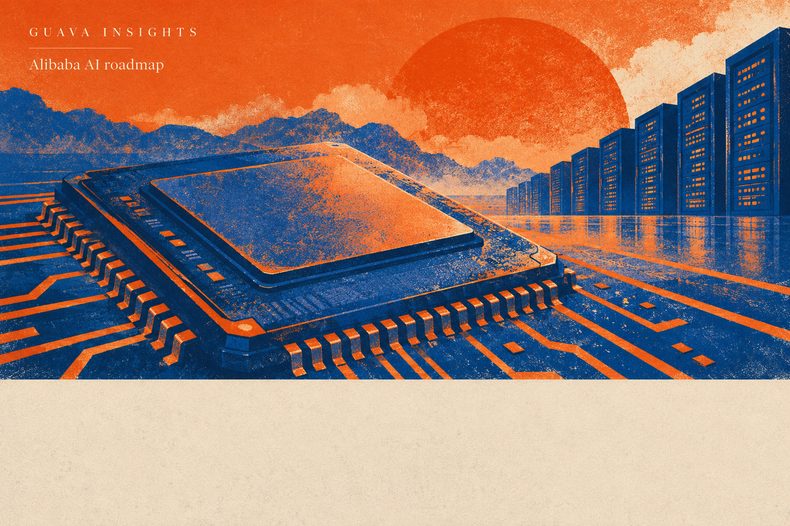Orange and cobalt screenprint illustration of a silicon chip and server cabinets.