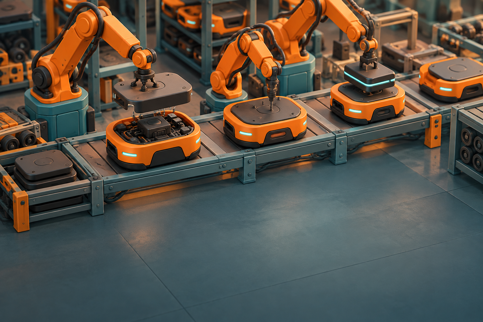 Orange and teal miniature-style illustration of robotic arms assembling warehouse robots