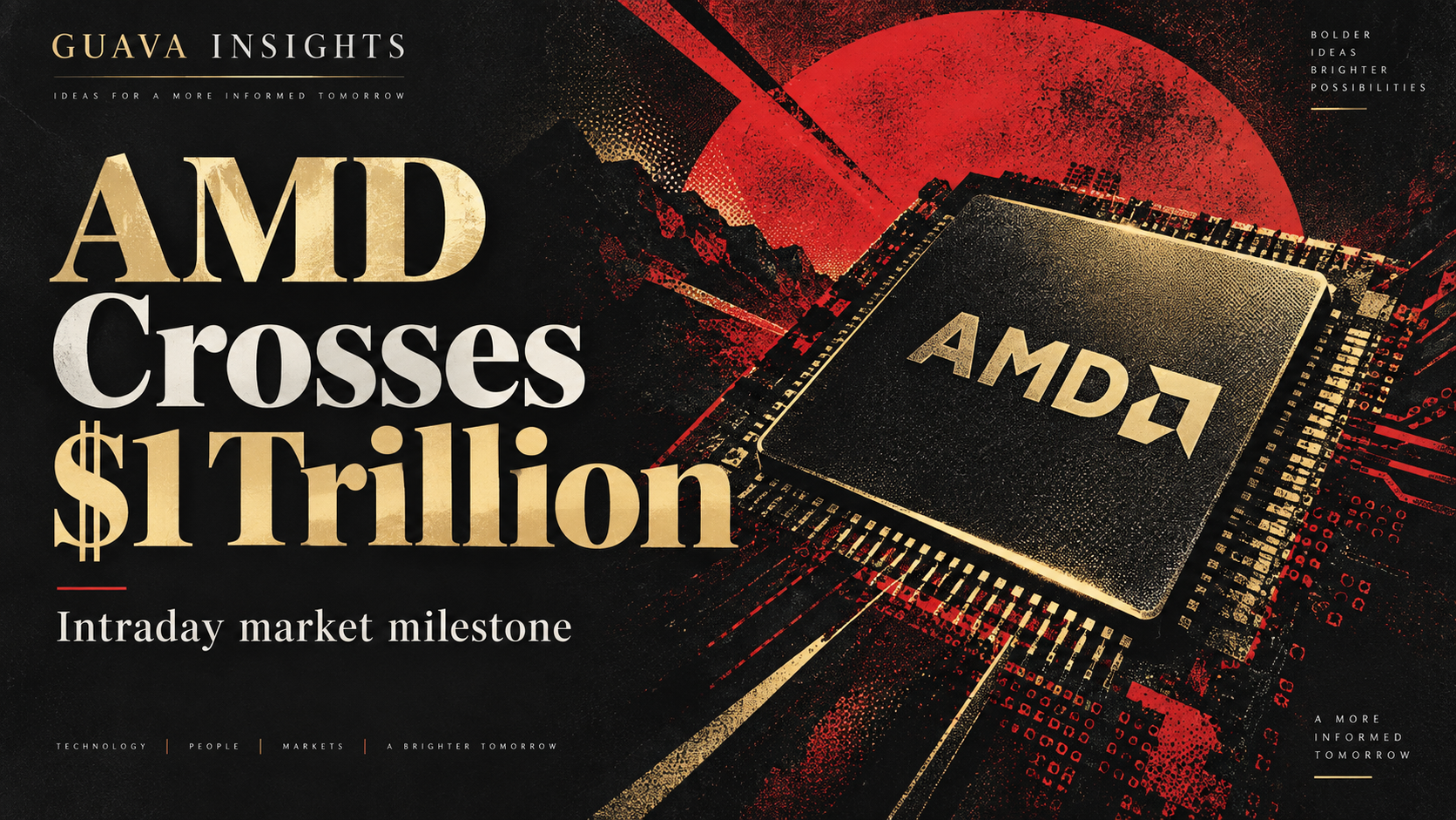 Red, black and gold illustration of an AMD chip marking its intraday trillion-dollar valuation milestone.