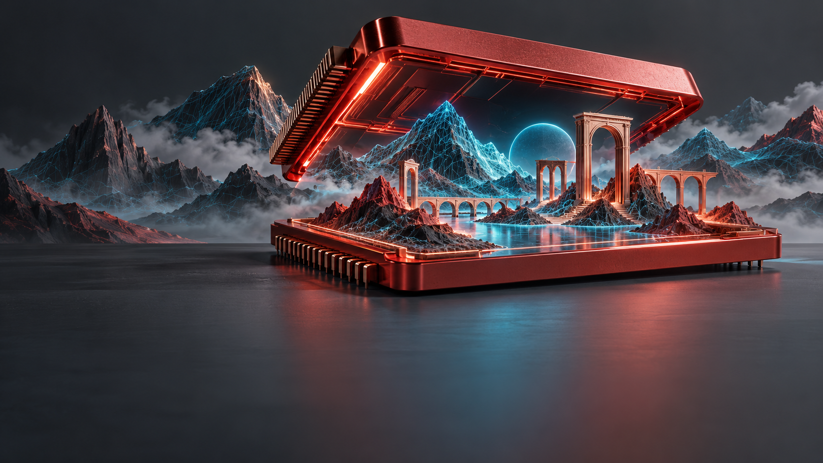 Conceptual red processor surrounding a blue wireframe landscape, representing spatial AI research.