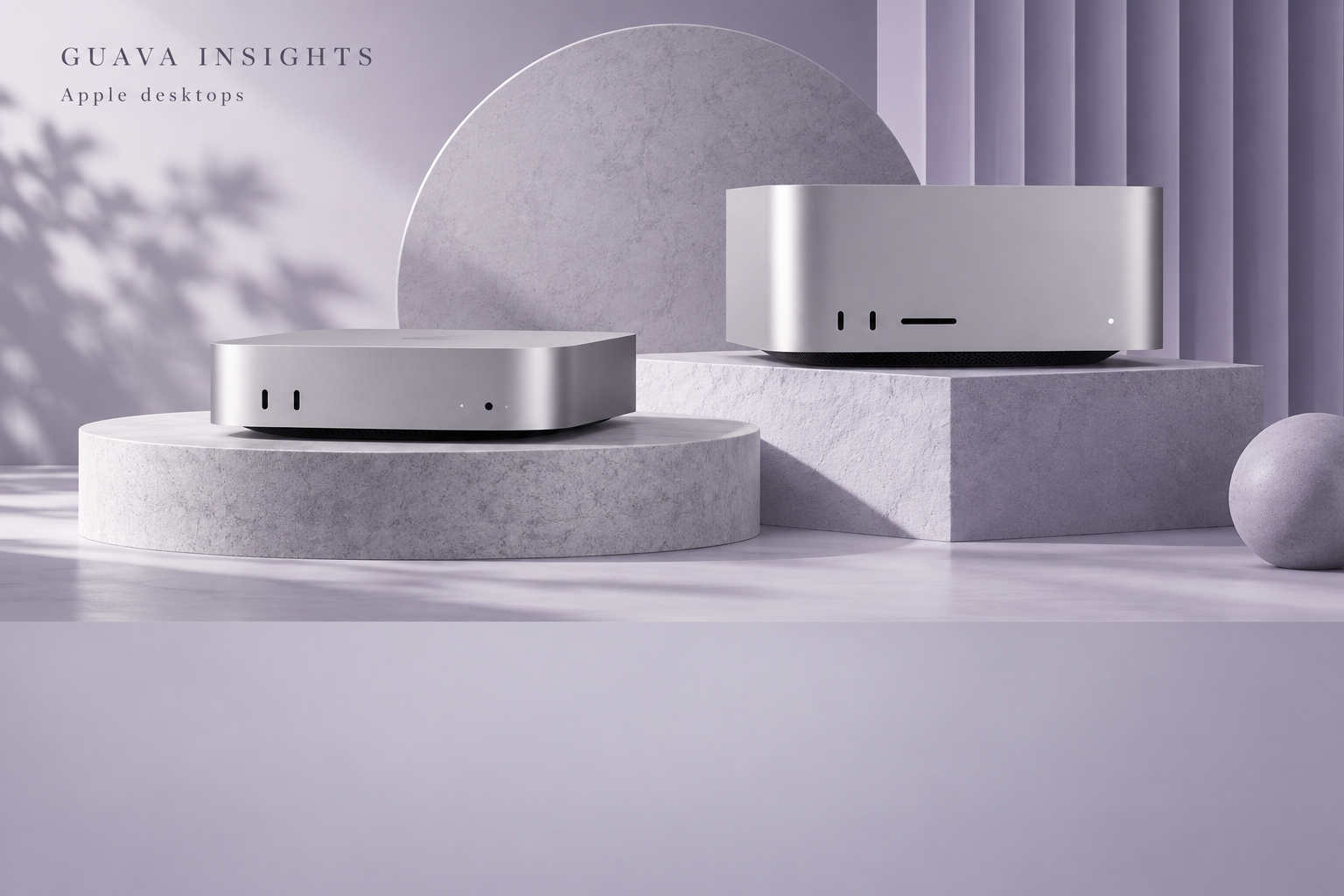 Silver and lilac conceptual illustration of two compact desktop computers on pedestals.