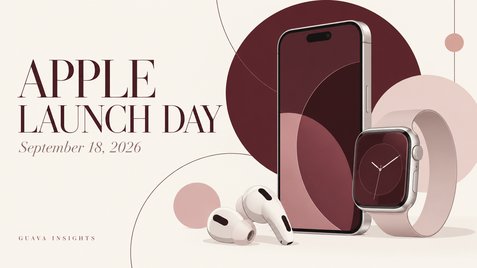 Burgundy and ivory conceptual illustration of a phone, watch and earbuds for Apple launch coverage.