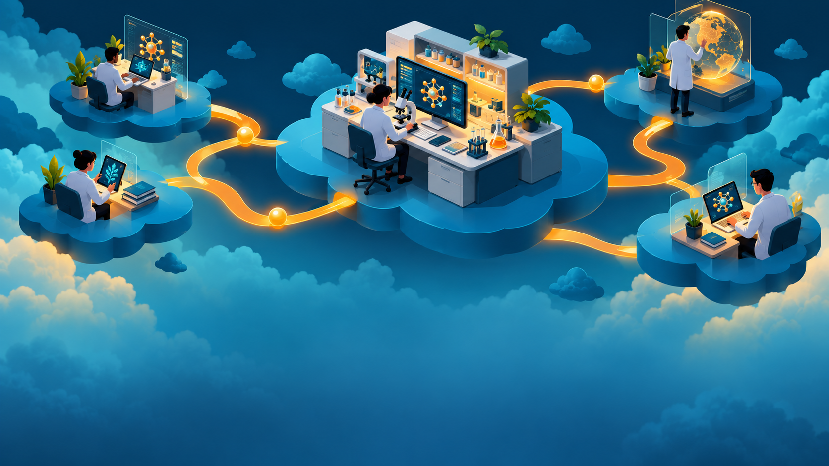Illustrated research workstations on blue cloud platforms linked by amber paths.
