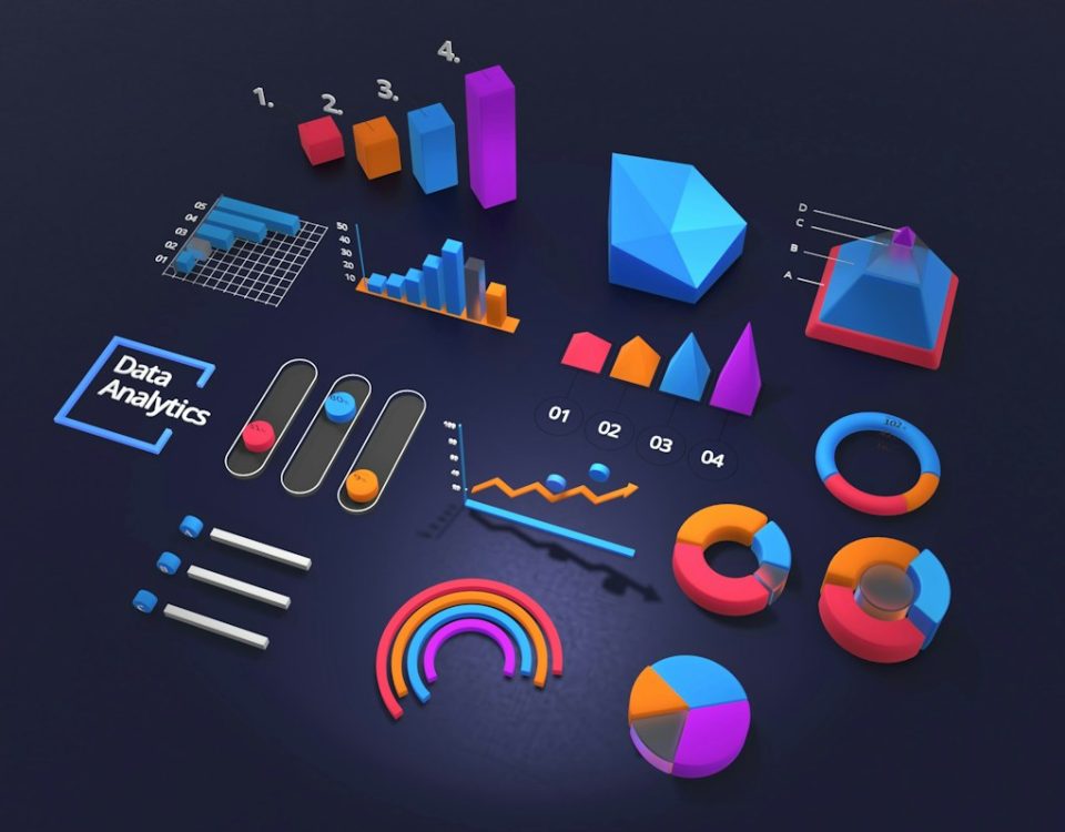 Colourful three-dimensional charts and analytics controls on a dark background.