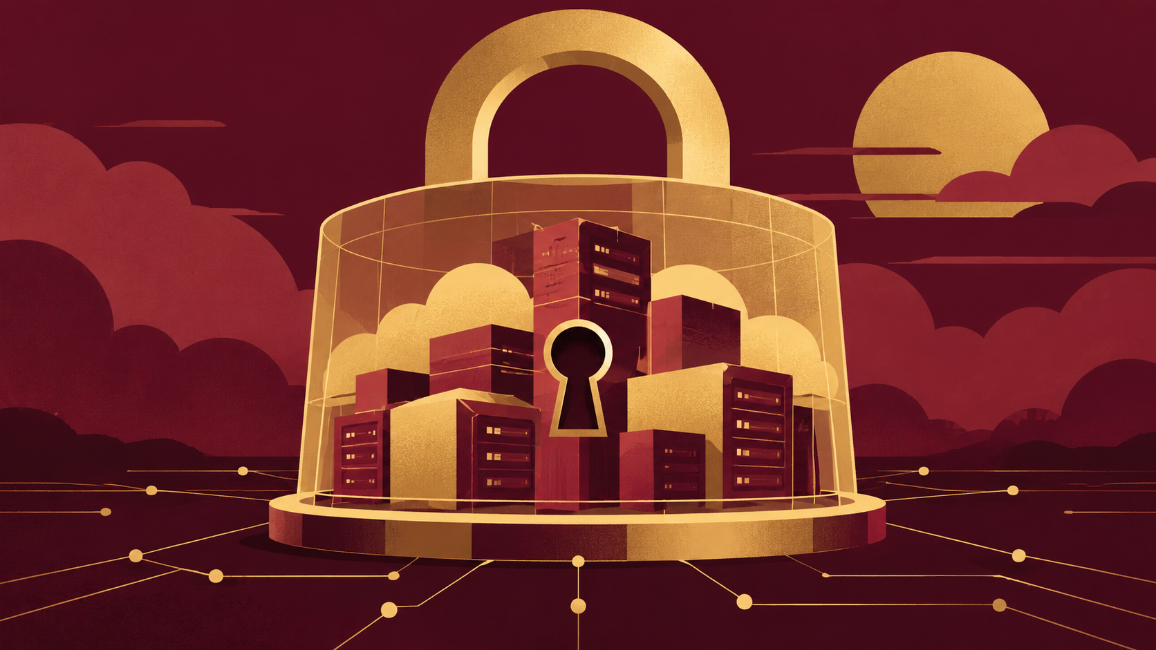 Burgundy and gold geometric illustration of cloud infrastructure enclosed by a protective padlock.