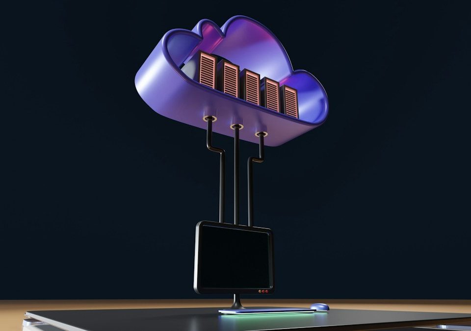 Purple cloud and server racks connected to a desktop computer.
