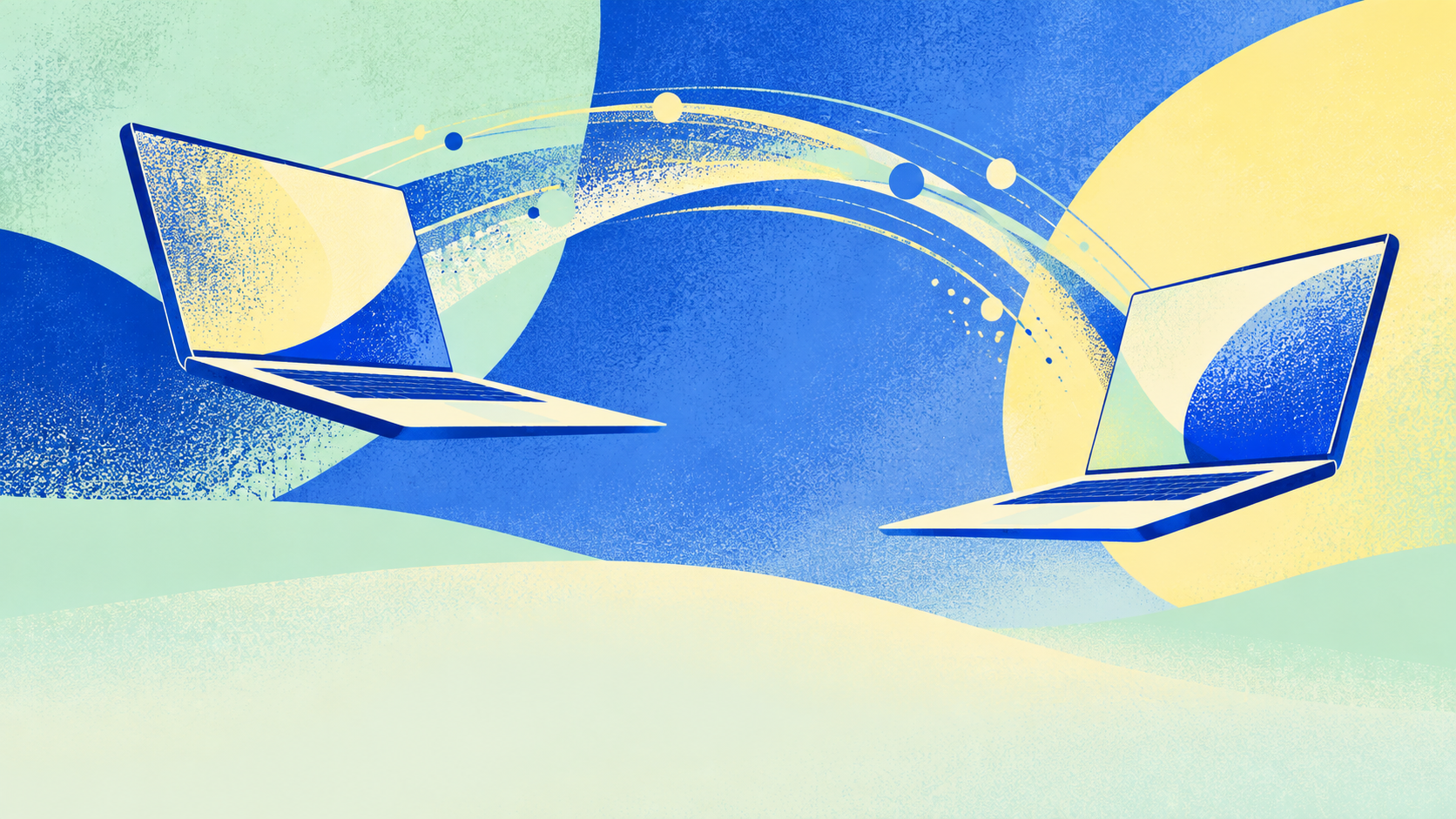 Mint, yellow and cobalt illustration of two laptops connected by an arcing path.
