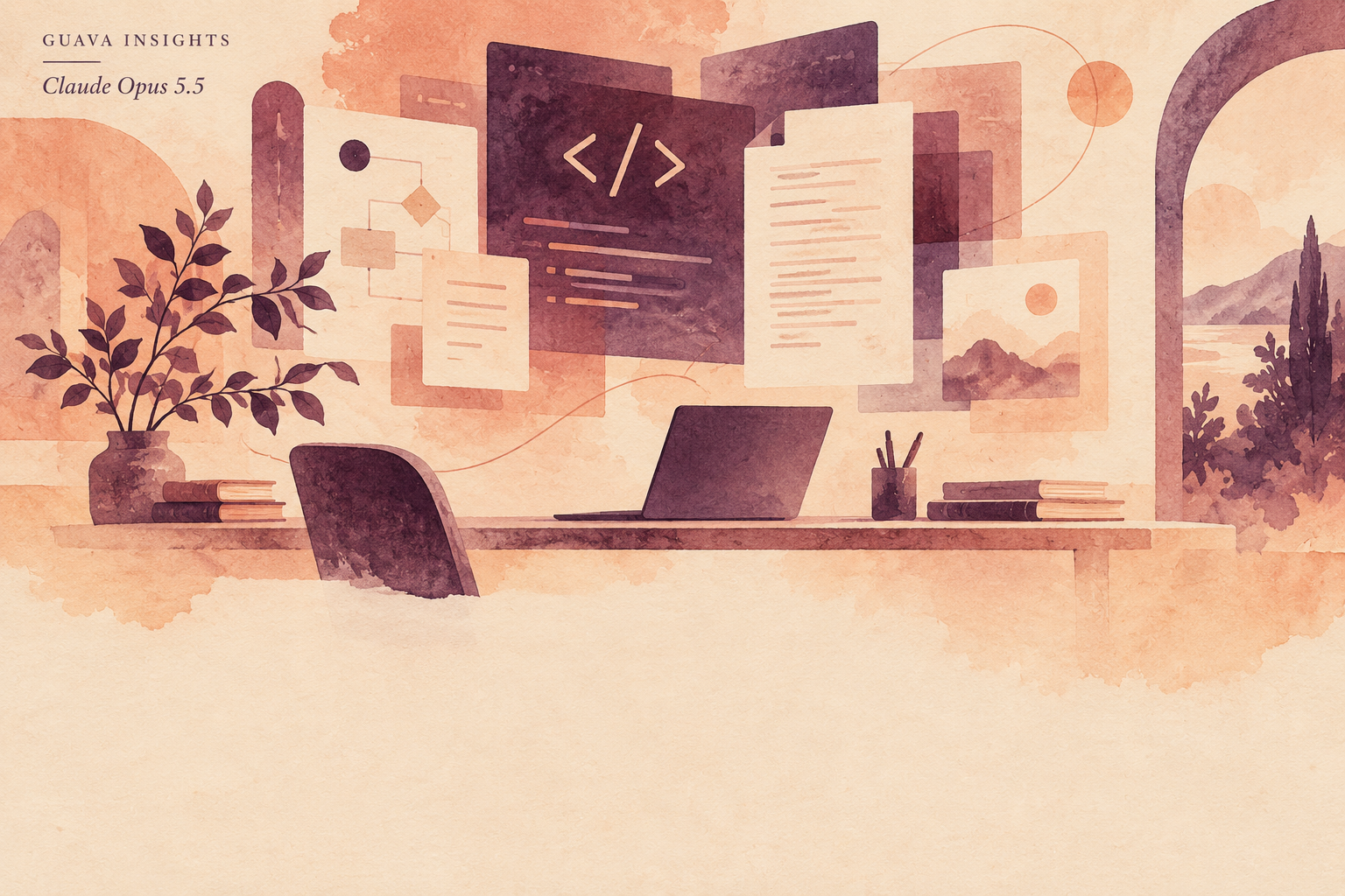 Apricot and plum watercolor illustration of an AI workspace with code and documents