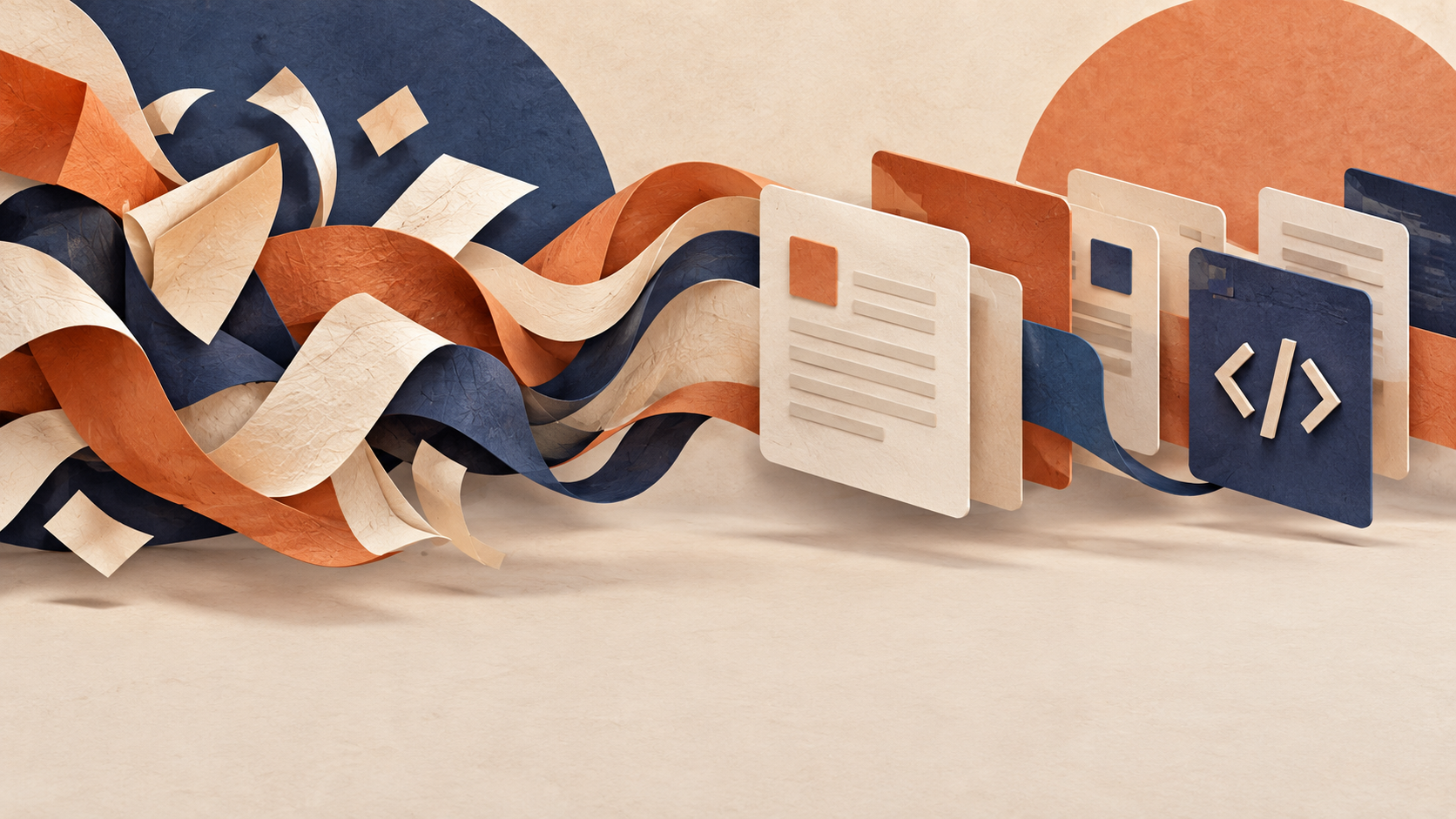 Terracotta and indigo paper ribbons beside abstract document and code cards.