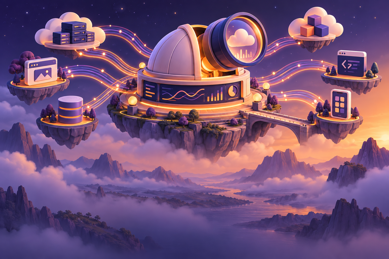 Violet and amber clay-style illustration of a cloud monitoring observatory with connected telemetry nodes