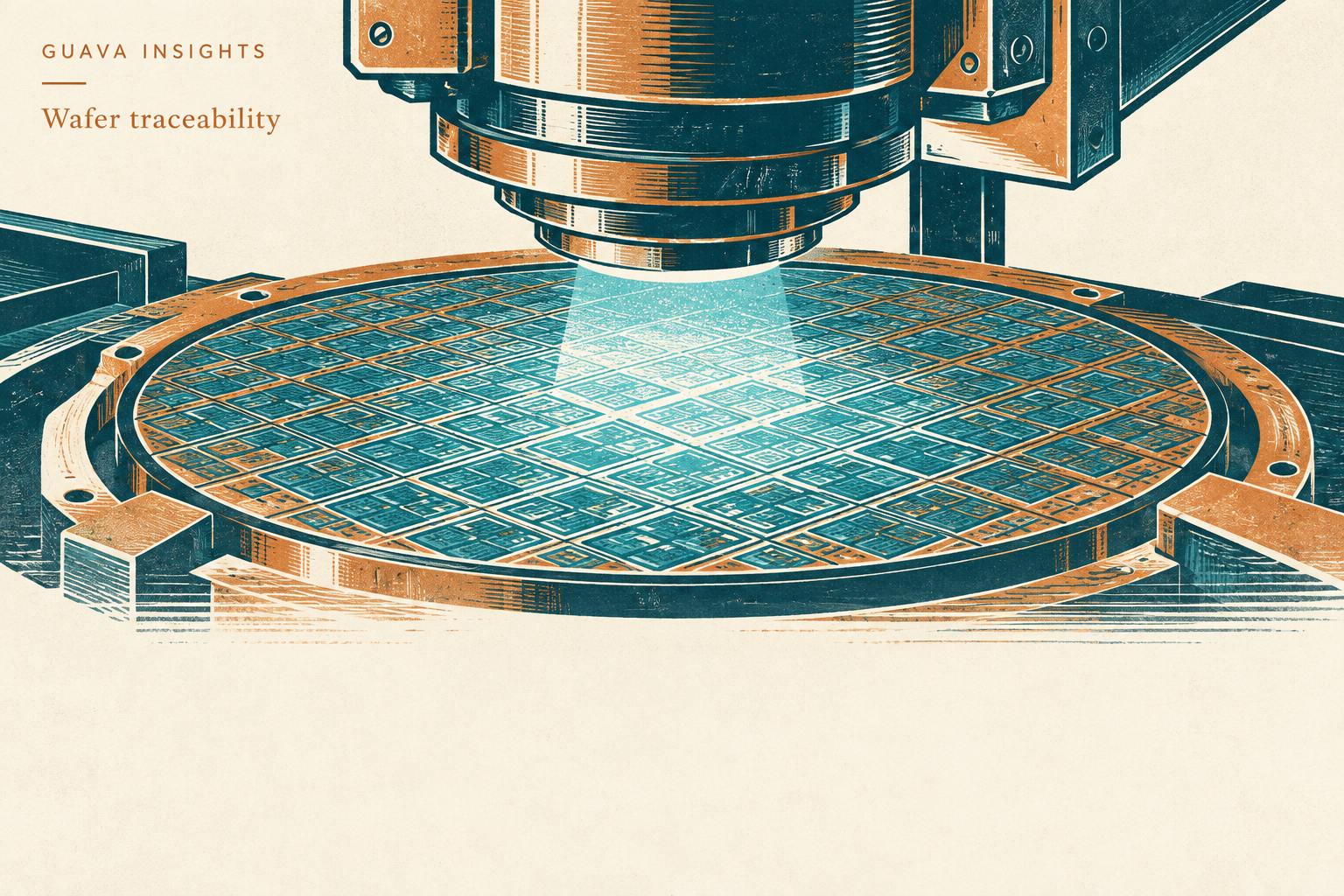 Copper and turquoise linocut illustration of a semiconductor wafer and optical reader