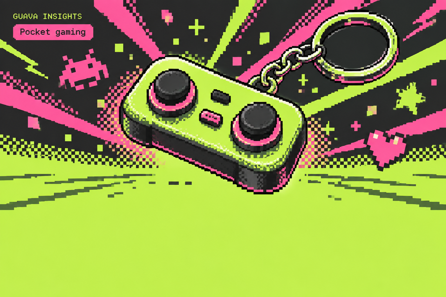 Lime and pink pixel-art illustration of a miniature game controller and keyring