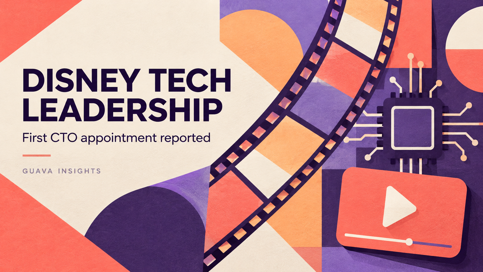 Coral and violet paper collage of a film strip, chip and streaming tile for Disney technology leadership coverage.