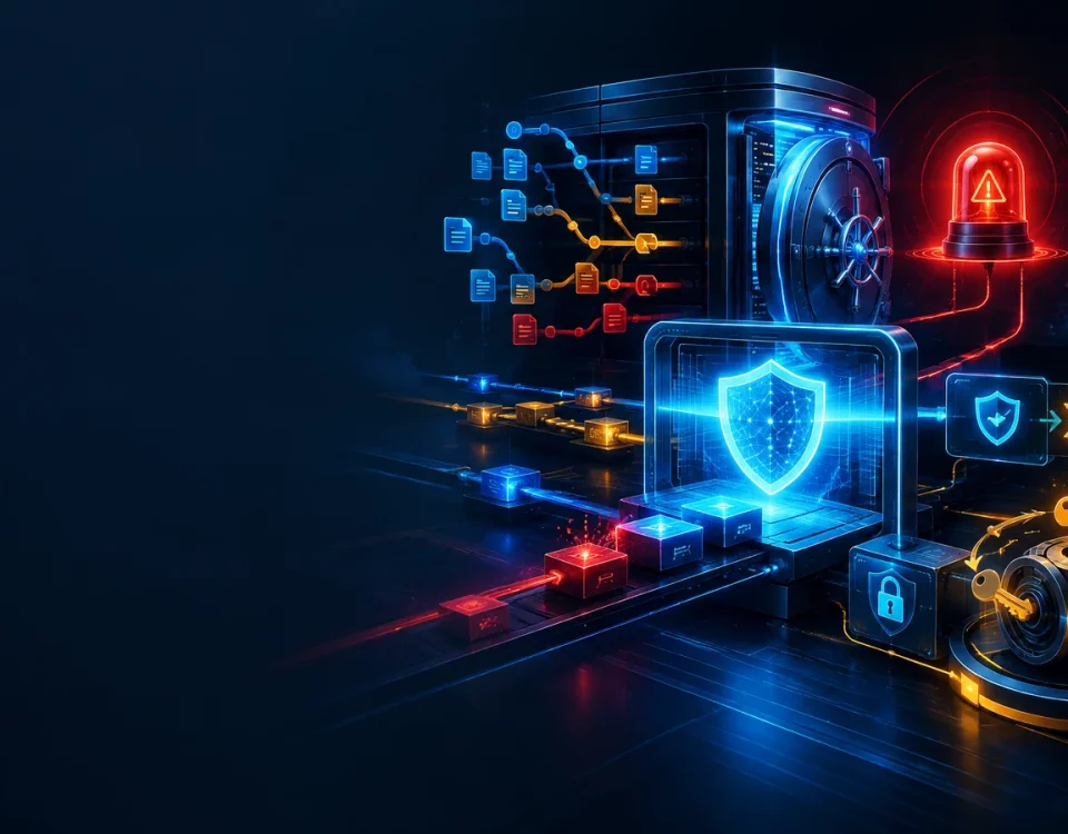 Cybersecurity illustration showing a code repository vault, incident warning, security patch, and rotating keys