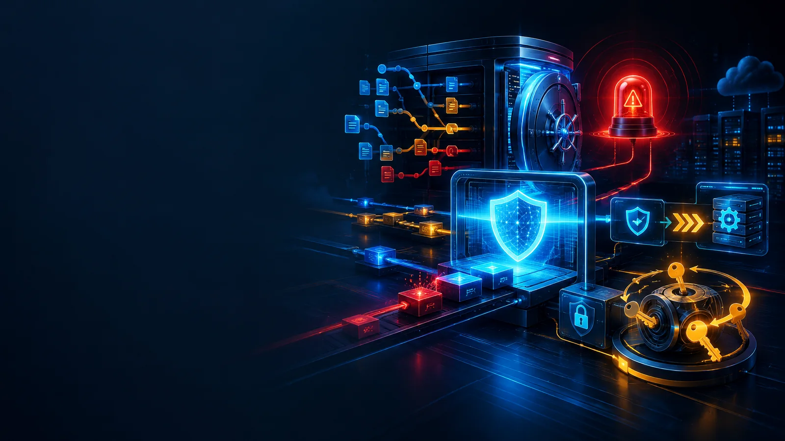 Cybersecurity illustration showing a code repository vault, incident warning, security patch, and rotating keys