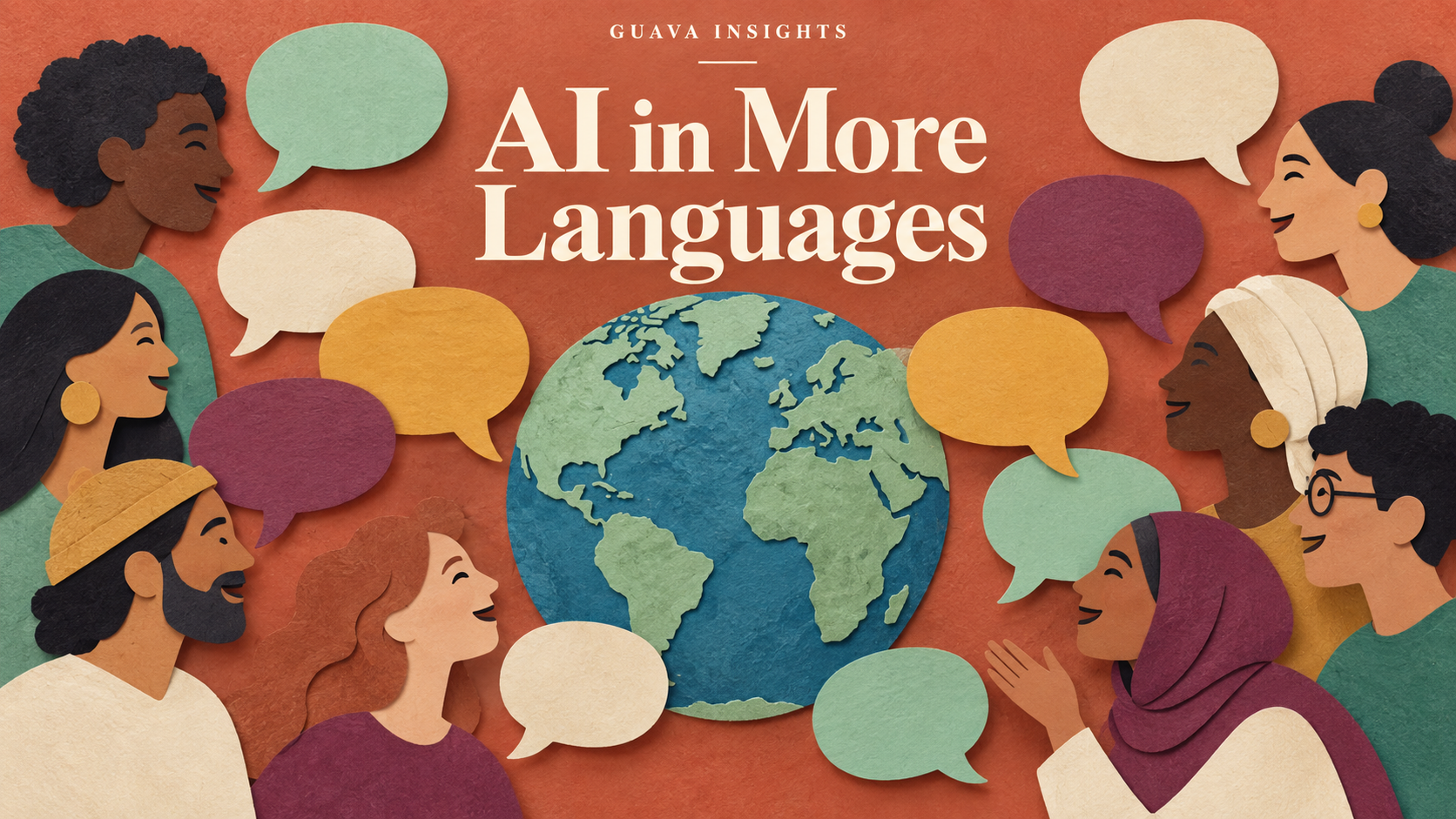 Paper-cut illustration of people and speech bubbles around a globe, titled AI in More Languages.