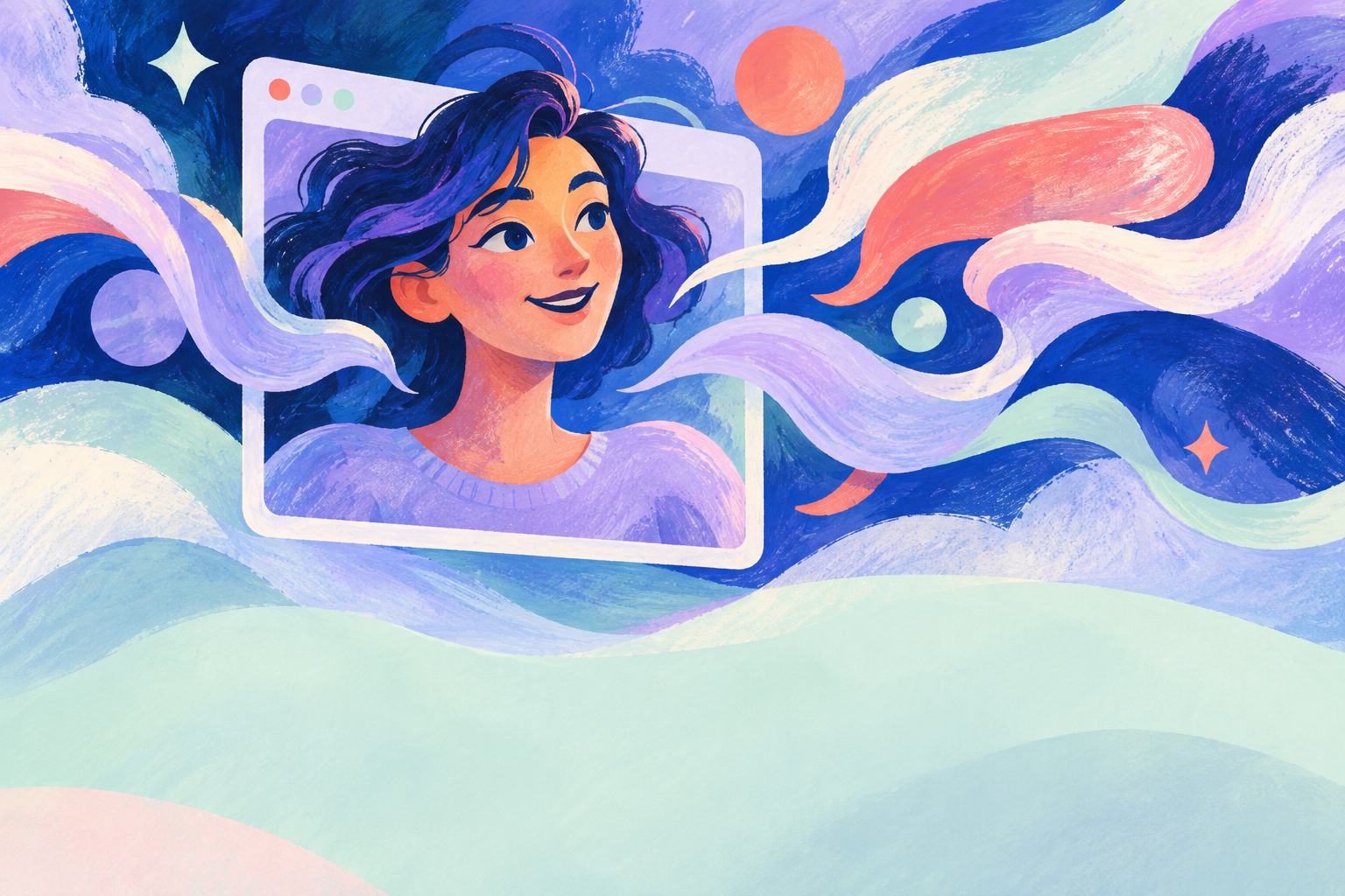 Lavender and cobalt gouache illustration of a conversational avatar with flowing speech ribbons