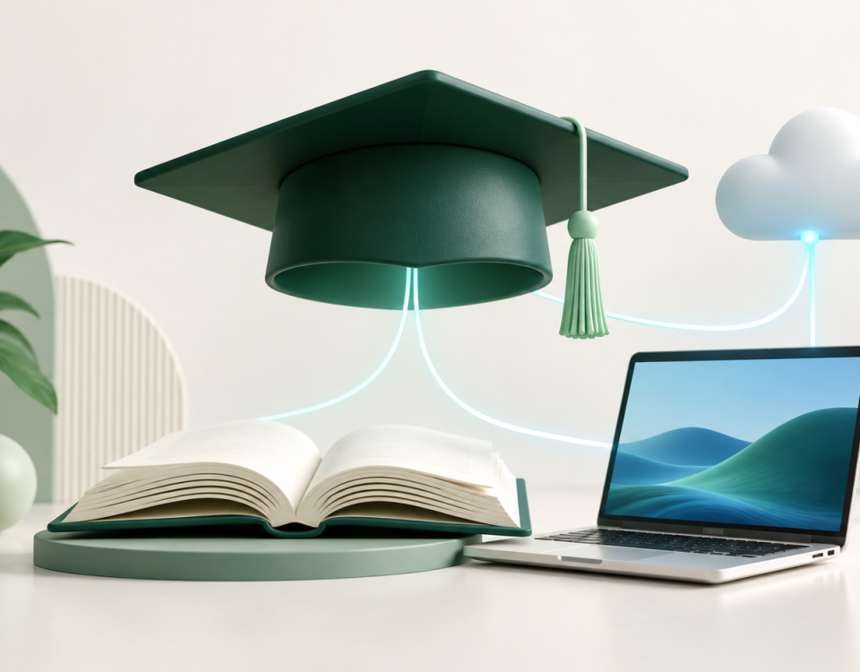 Graduation cap, book and laptop representing cloud tools for education.