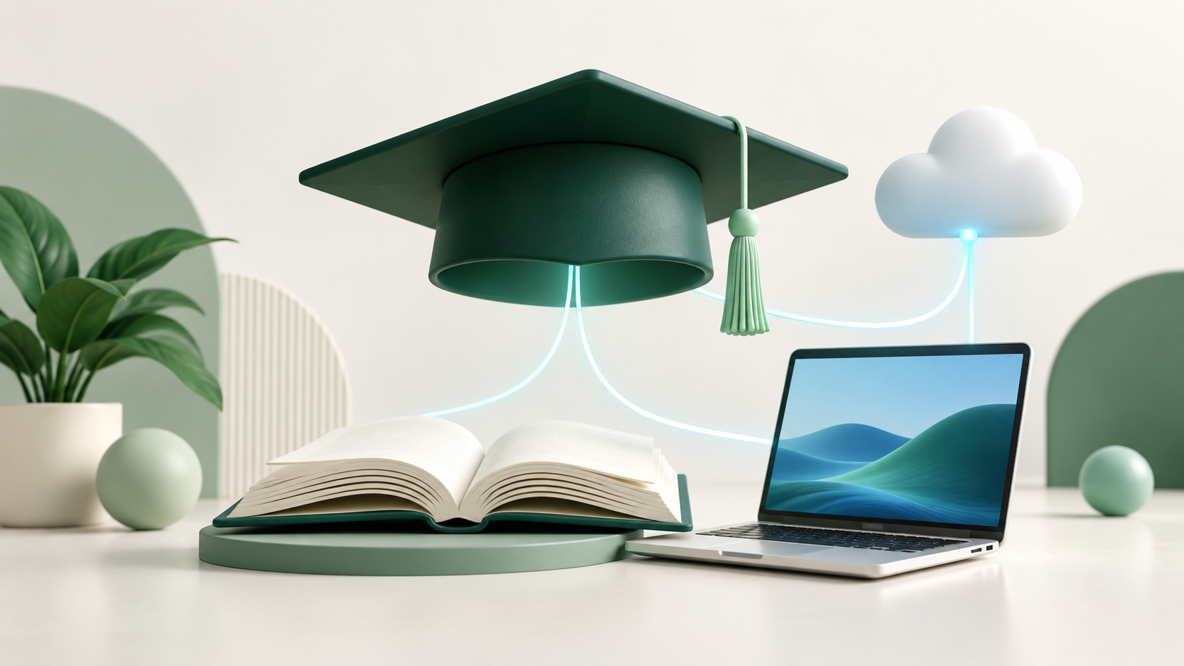 Graduation cap, book and laptop representing cloud tools for education.