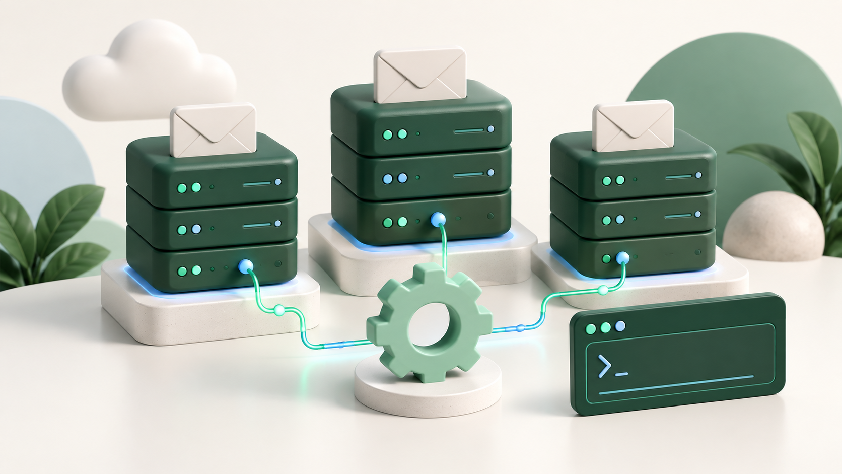 Mail servers, a settings gear and an administration panel.