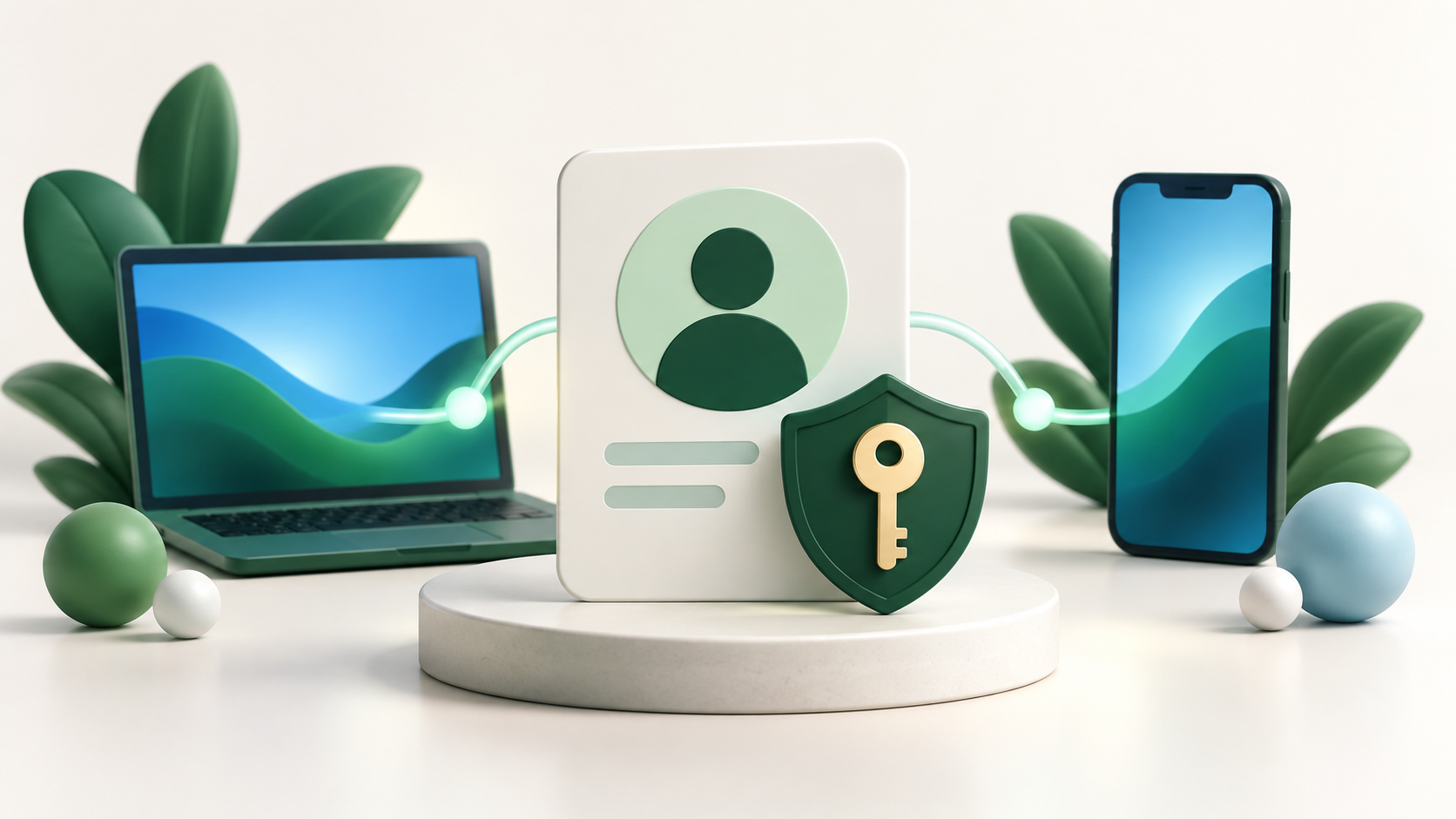 Identity badge and key connecting protected business devices.