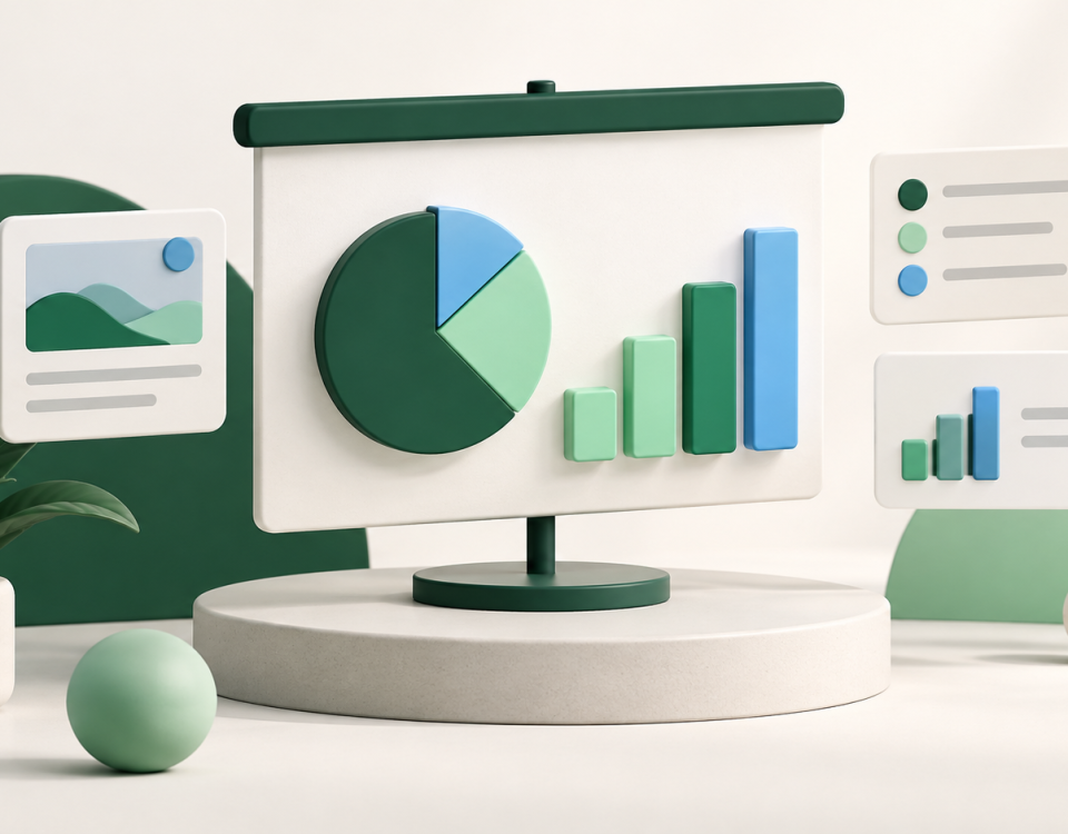 Presentation screen and floating slides in a green and blue illustration.