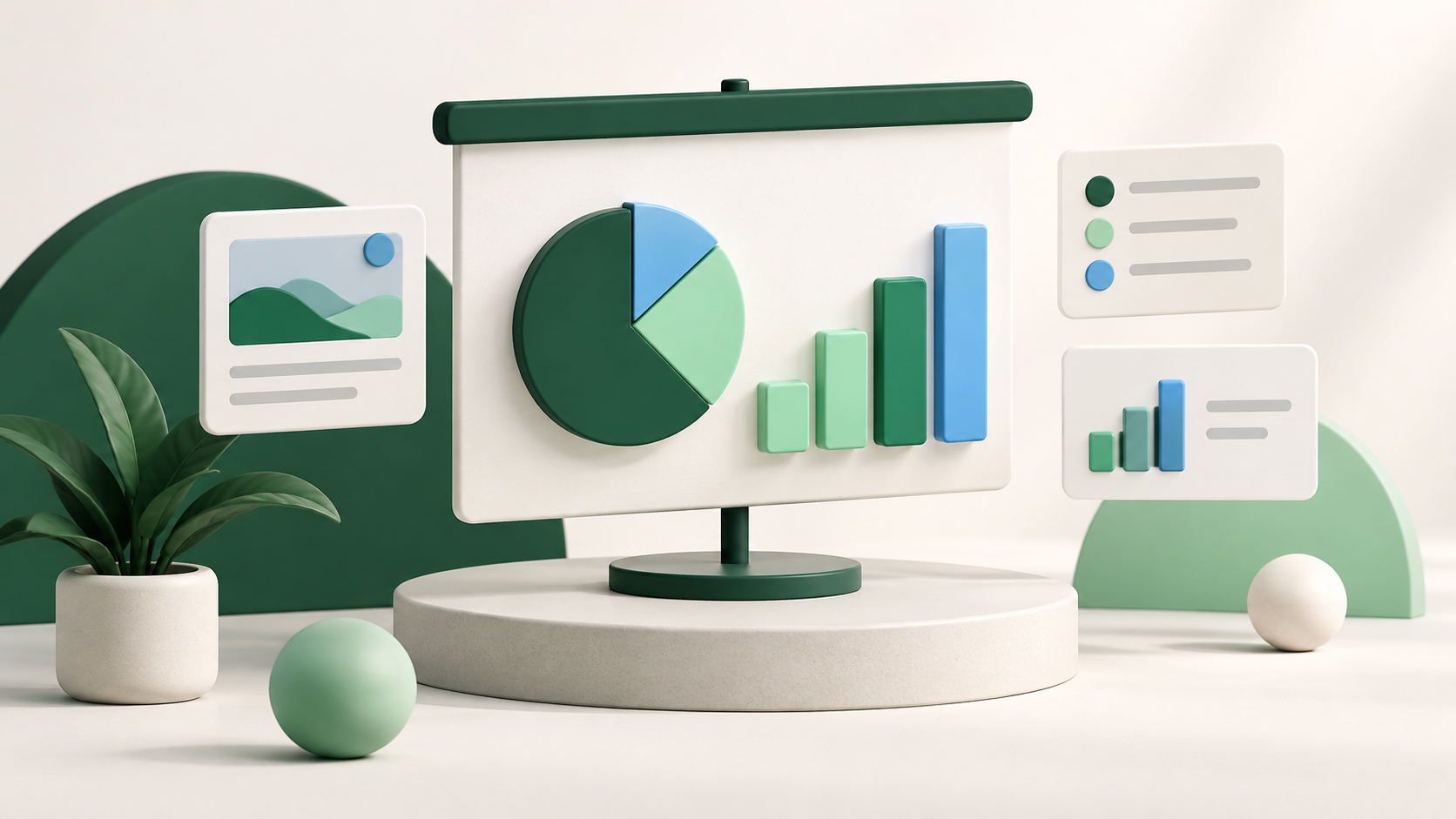 Presentation screen and floating slides in a green and blue illustration.