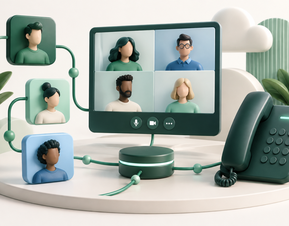 Connected participant tiles, video meeting panel and phone handset.