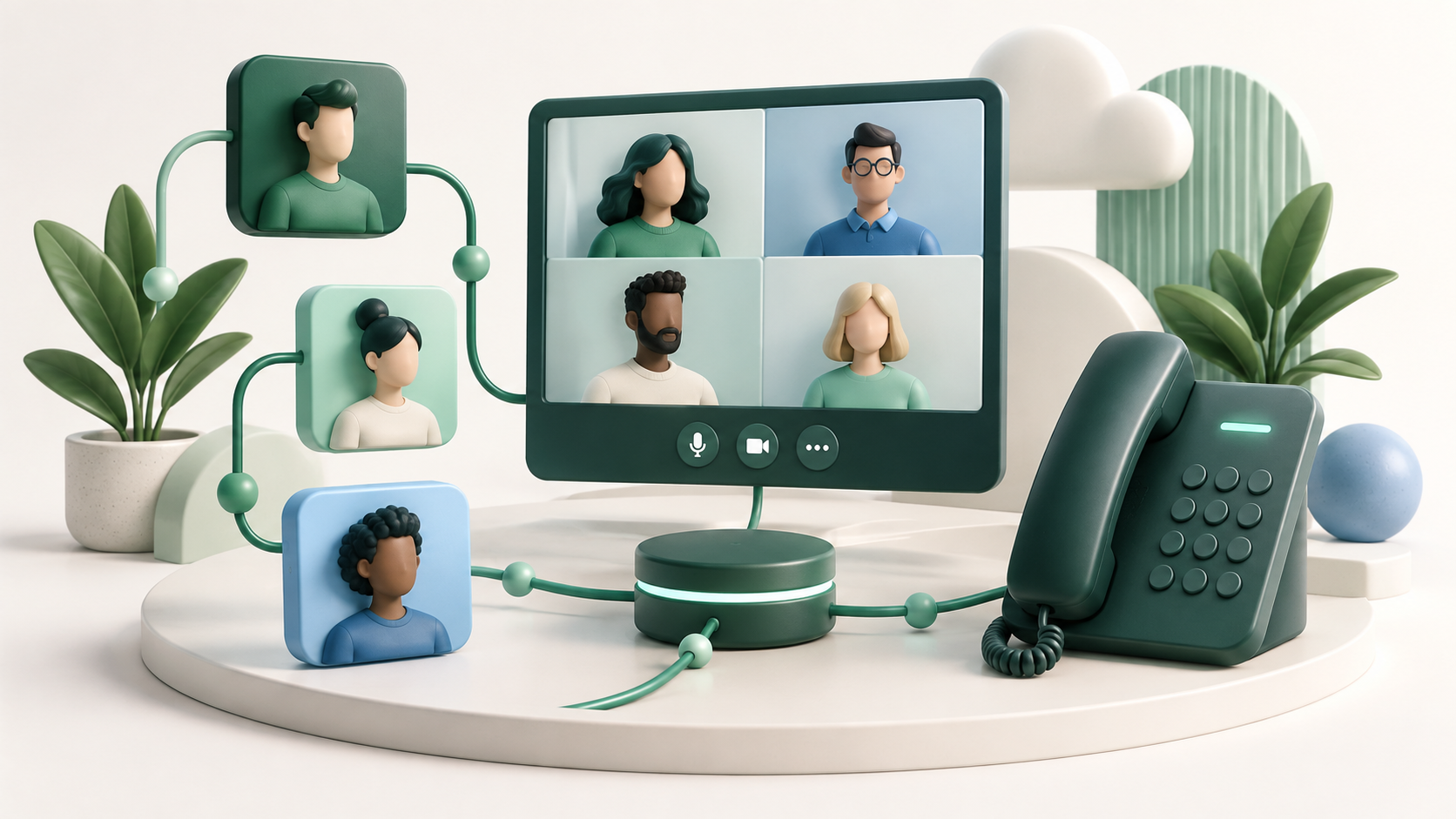 Connected participant tiles, video meeting panel and phone handset.