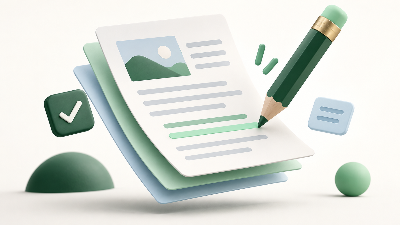 Document sheets and a pencil representing writing and editing.