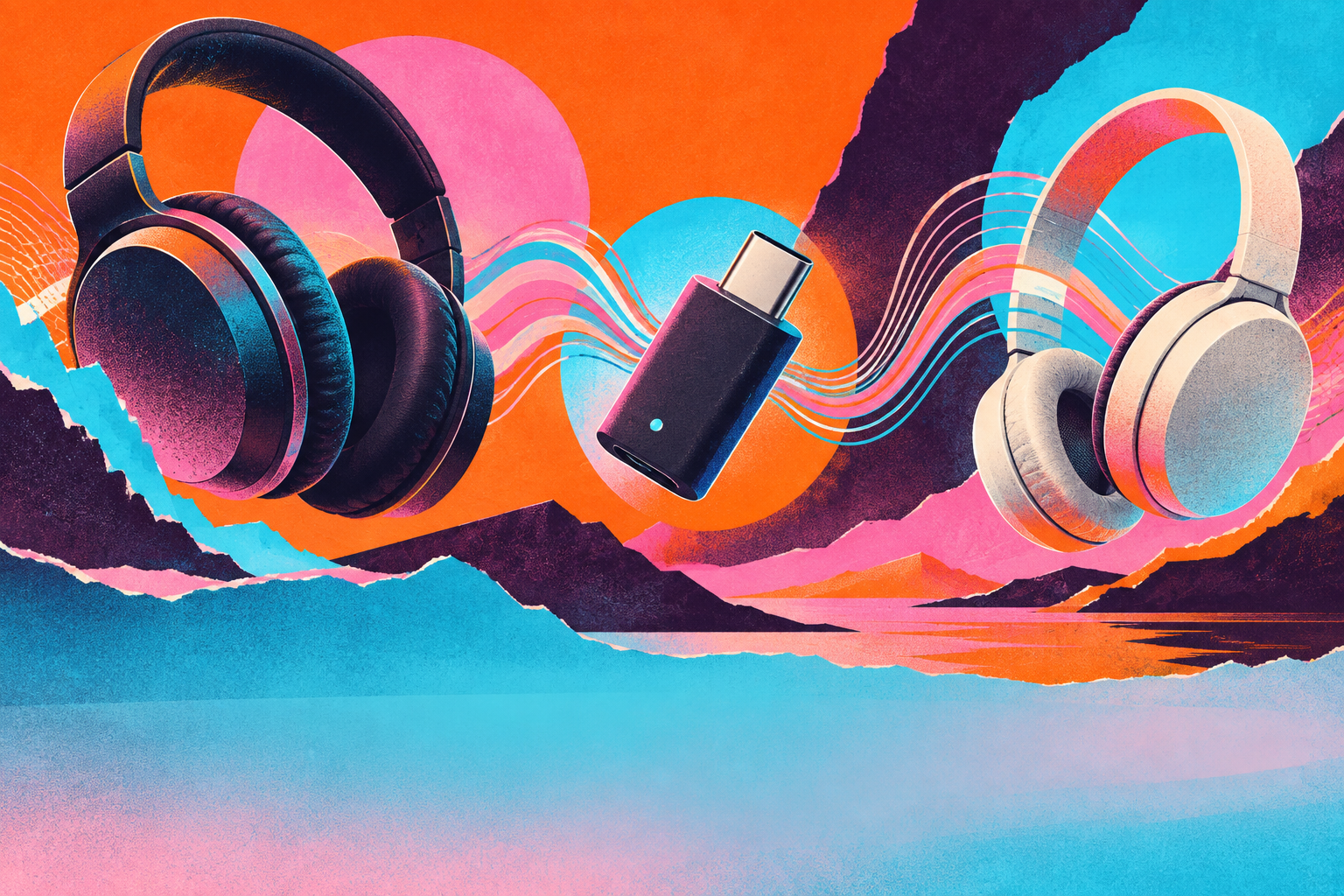 Orange, cyan and pink risograph illustration of a generic USB-C audio transmitter between two headphones