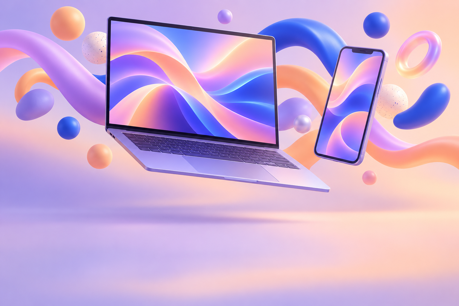 Lavender and peach clay-style illustration of a generic laptop and smartphone linked by colourful ribbons