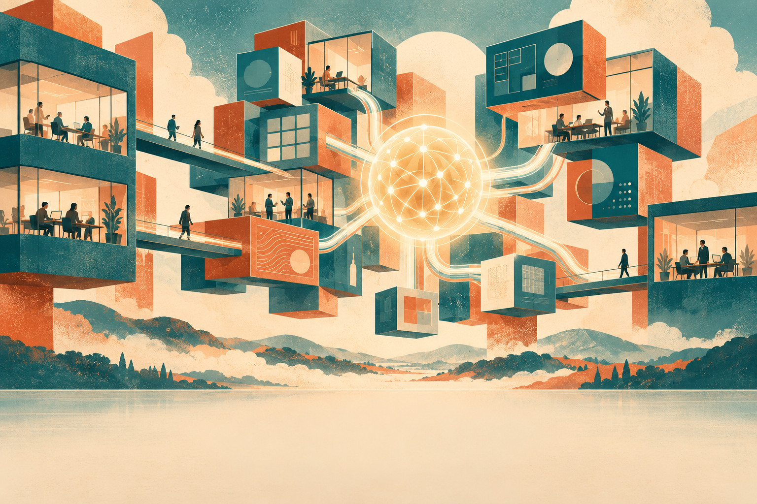 Teal and terracotta screenprint illustration of modular offices connected to a central AI node