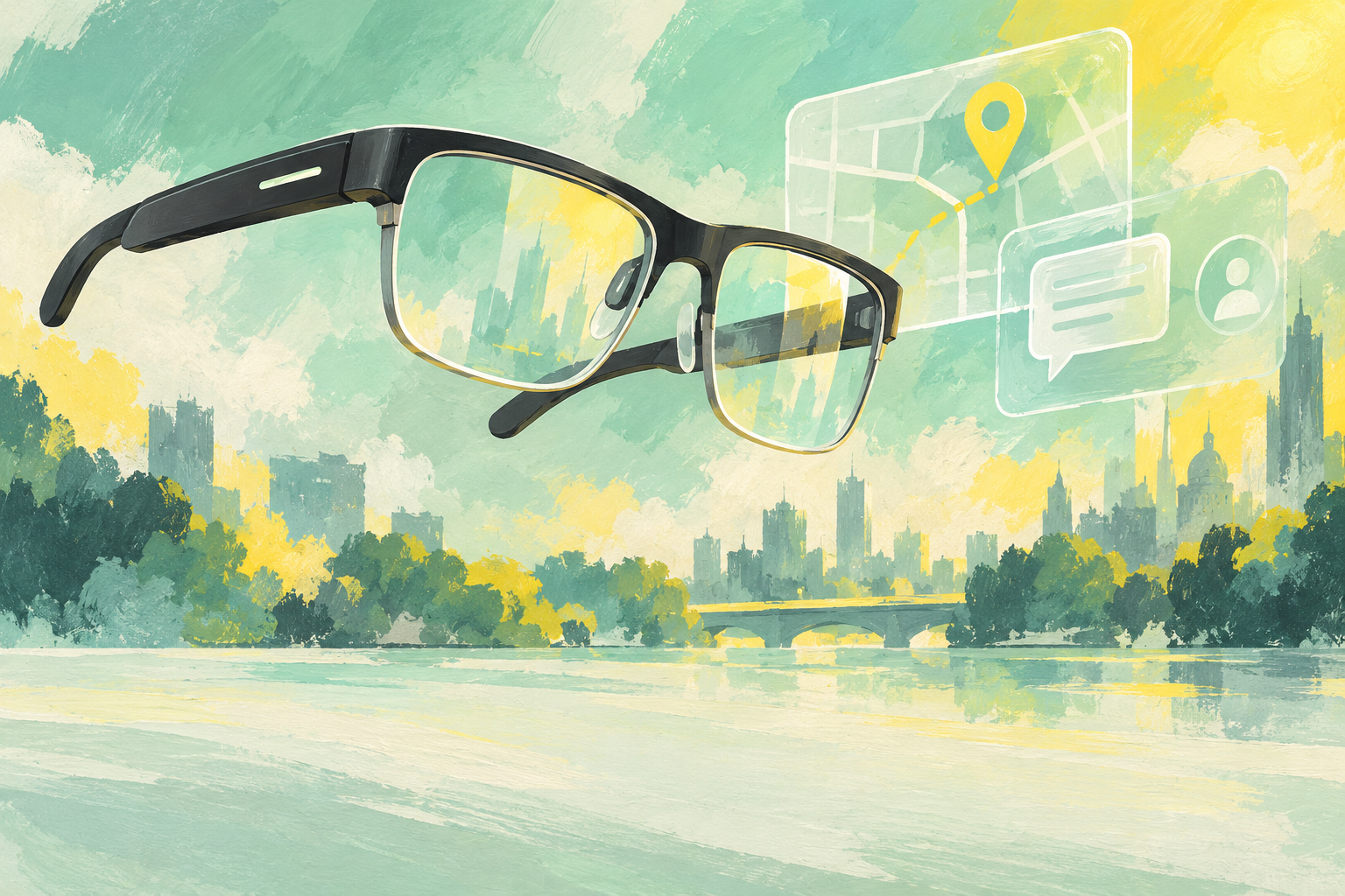 Mint and yellow gouache illustration of generic smart glasses with abstract navigation and message symbols