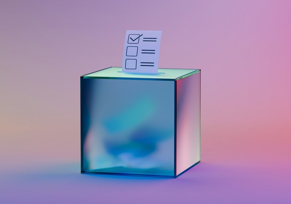 Illustrated checklist emerging from a reflective blue box.