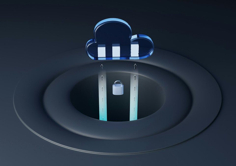 Padlock beneath an illustrated cloud with upward data-transfer arrows.