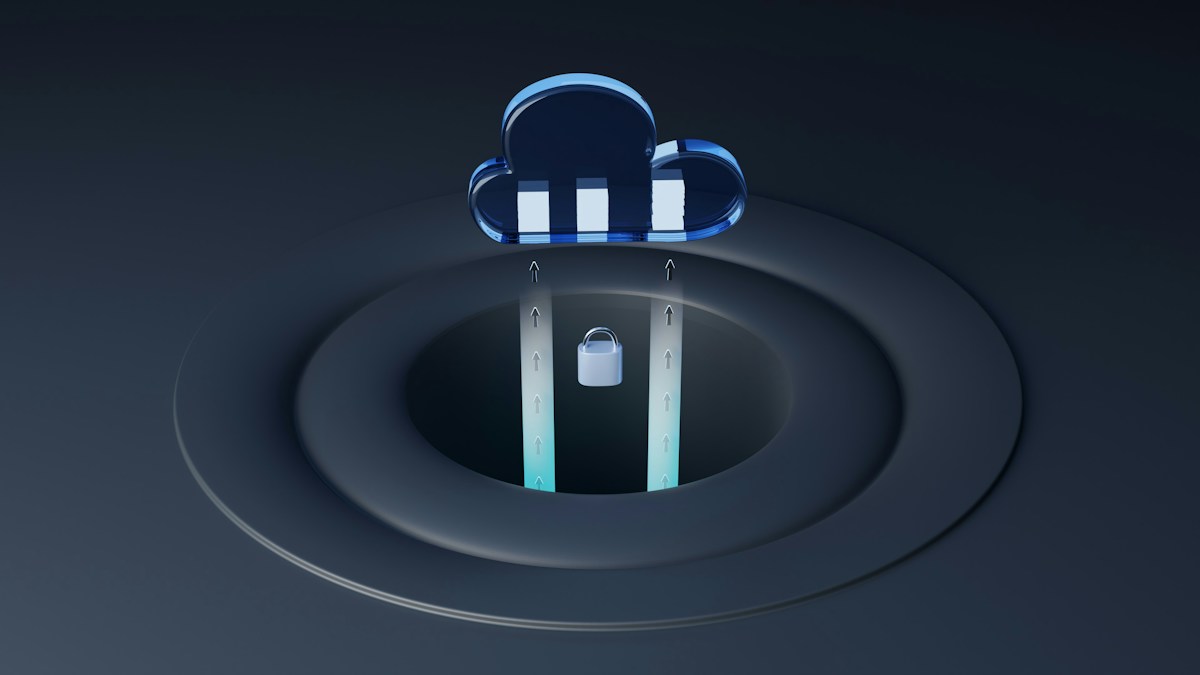 Padlock beneath an illustrated cloud with upward data-transfer arrows.