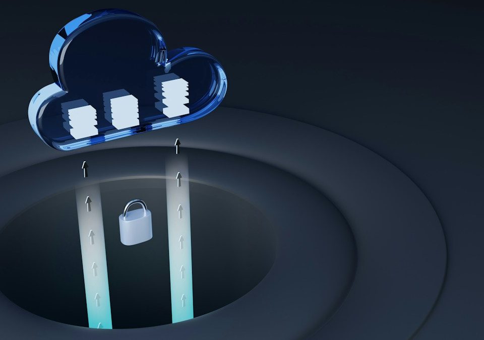 Cloud with stacked data symbols and a padlock illustrating protected data transfer.