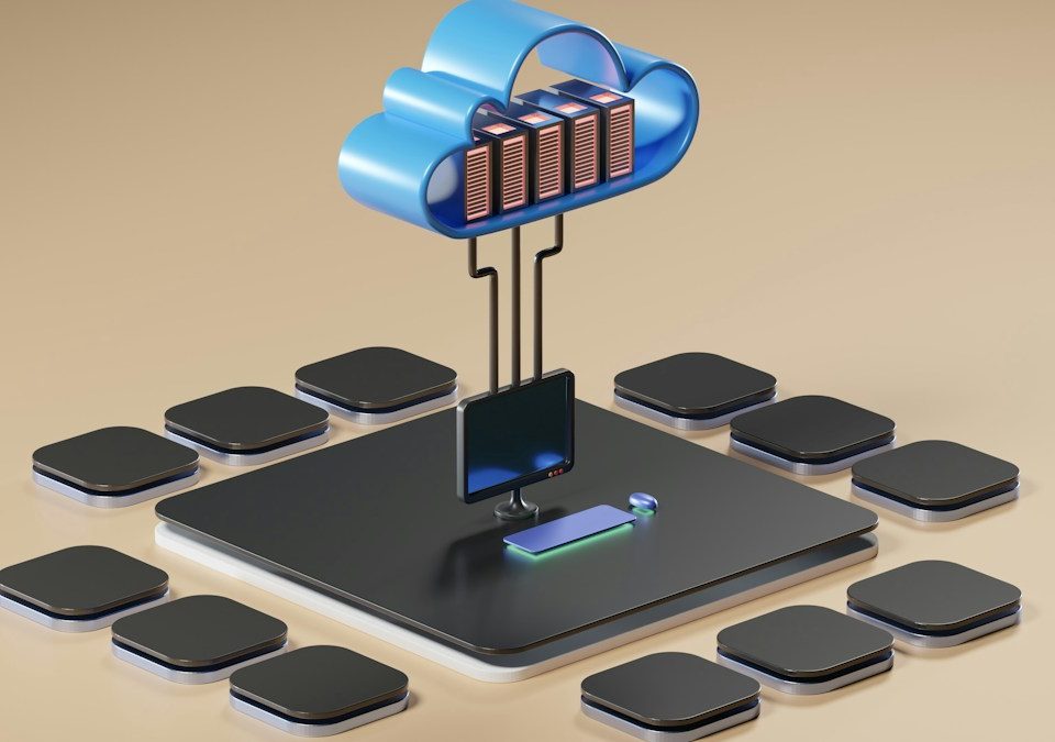 Blue cloud containing servers connected to a business computer network.