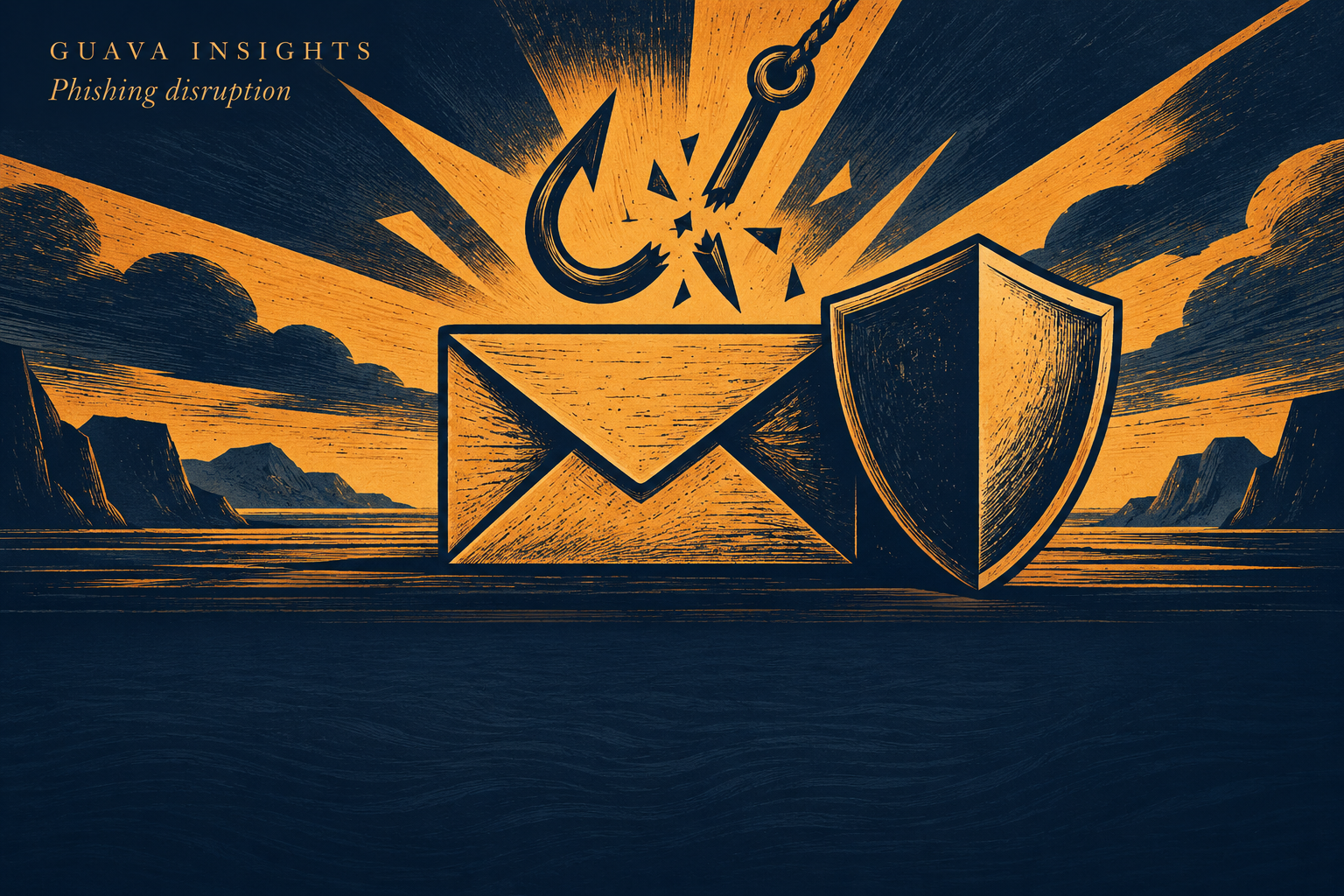 Amber and navy woodcut illustration of an envelope, broken hook and protective shield.