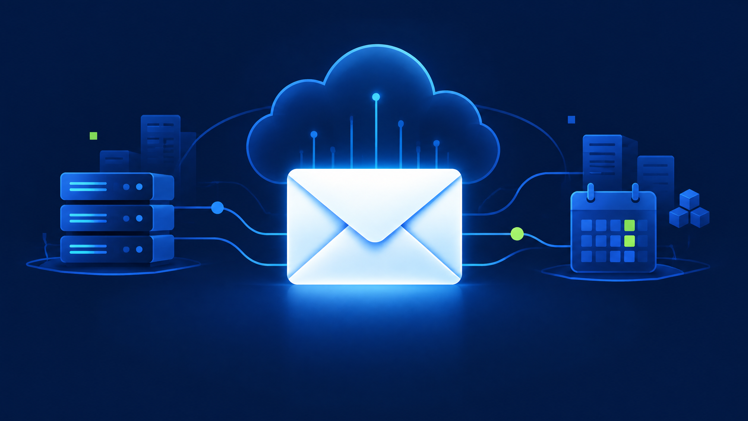 Illustration of a business email envelope connected to cloud servers and a calendar.