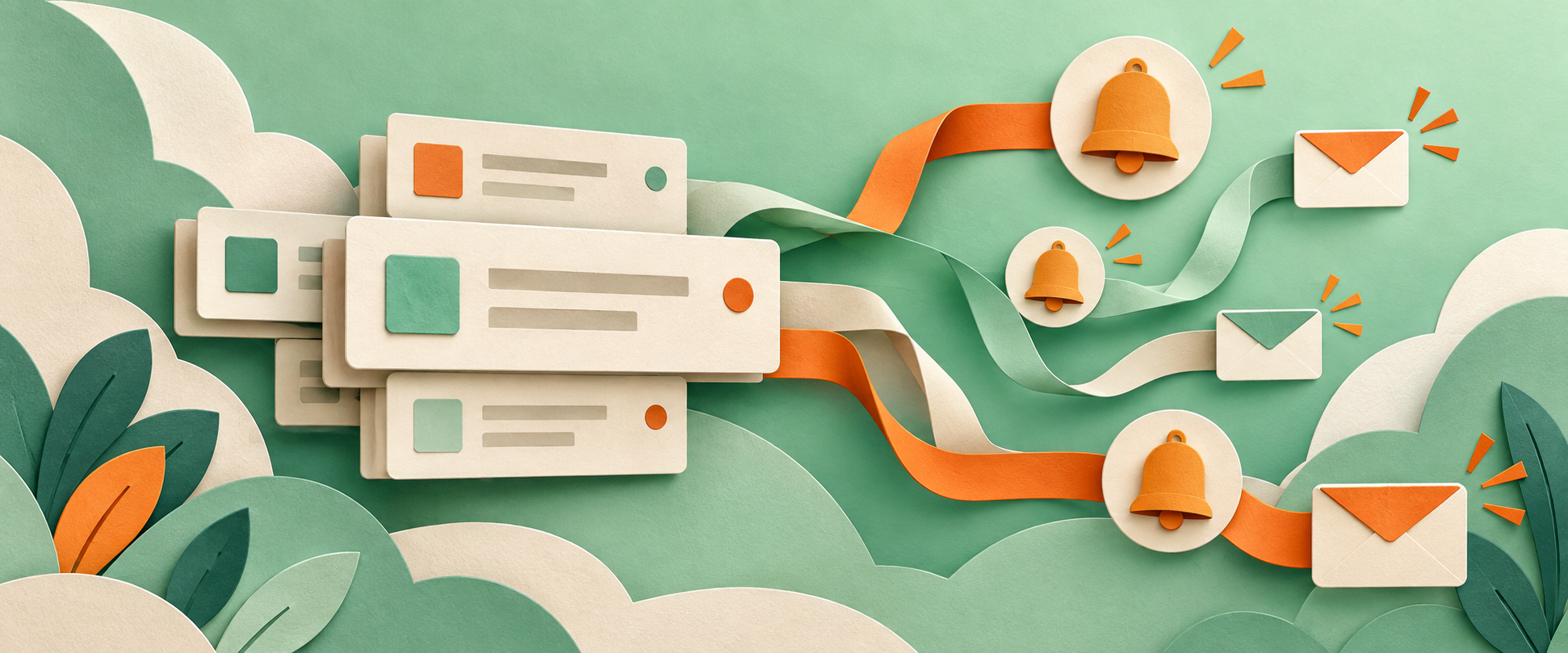 Mint, orange and cream paper-cut illustration of list cards connected to notification bells and envelopes.