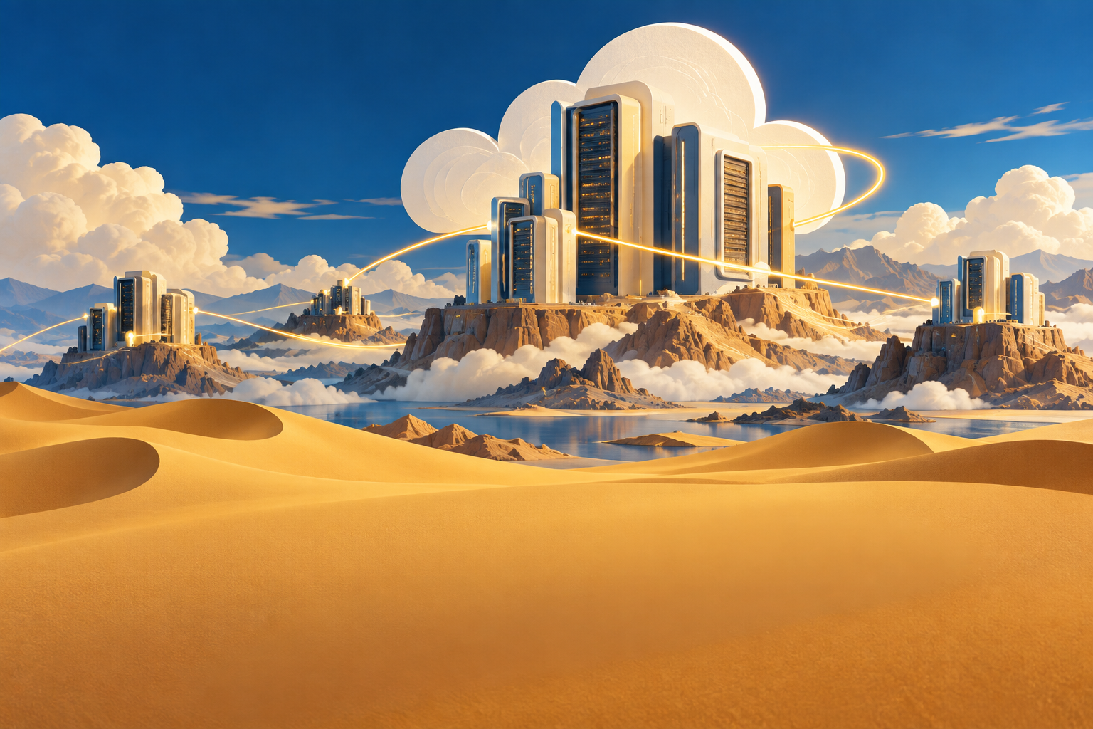 Azure and gold paper-sculpture illustration of connected data centres in a desert landscape
