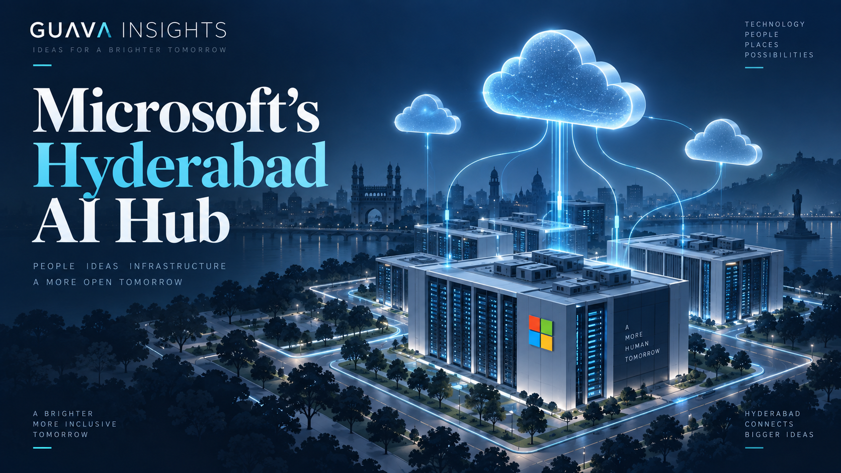 Conceptual illustration of Hyderabad data centres beneath glowing clouds, titled Microsoft’s Hyderabad AI Hub.
