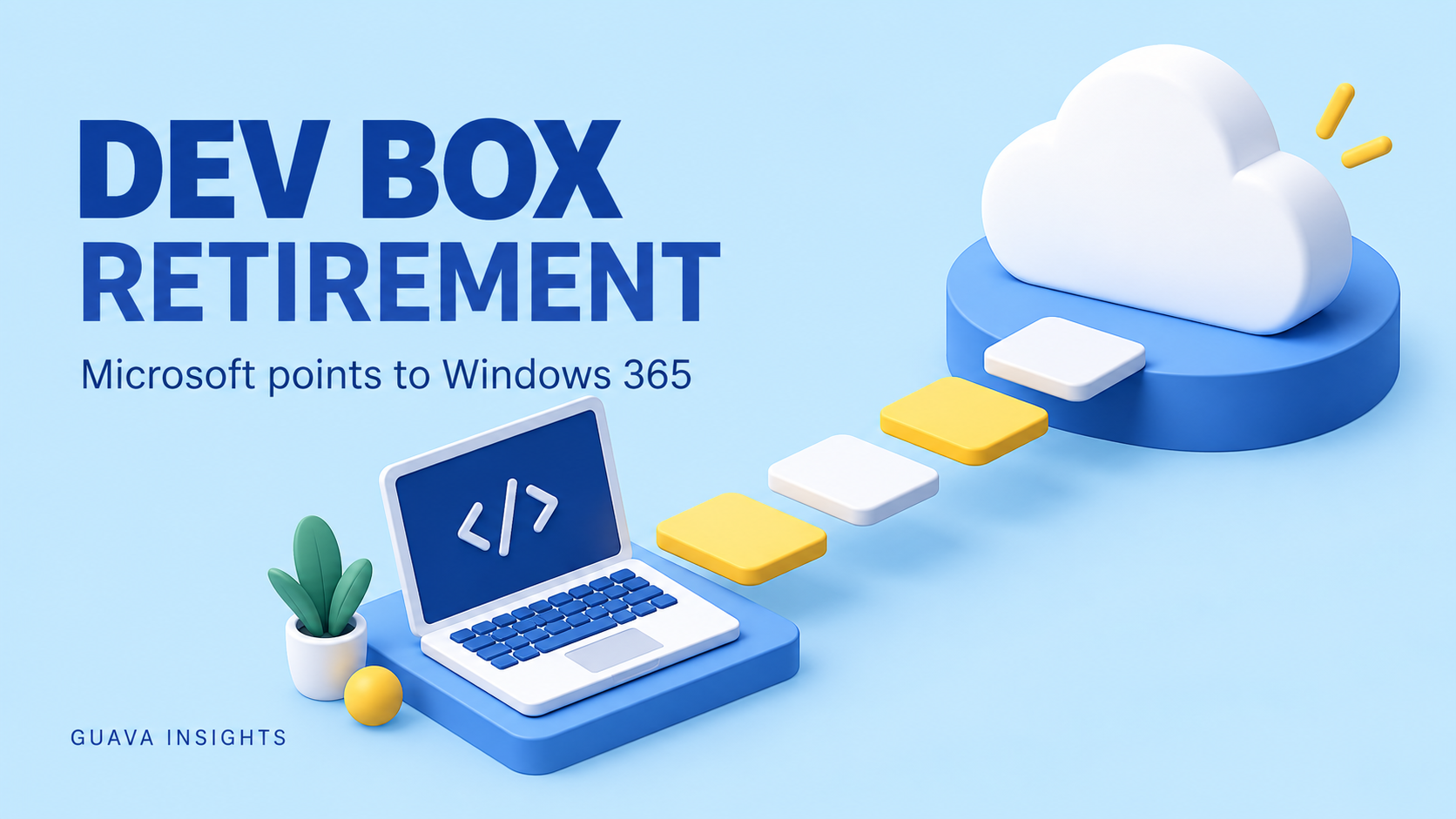 Blue and yellow isometric illustration of a developer laptop and steps toward a cloud.