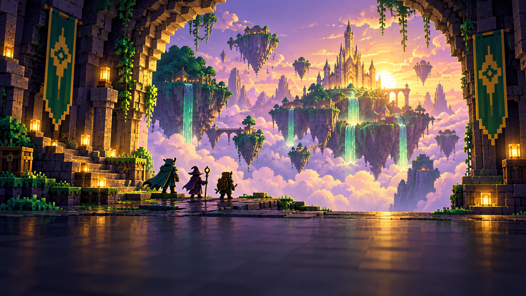 Conceptual voxel fantasy scene with adventurers looking through an arch toward floating islands; not a game screenshot.