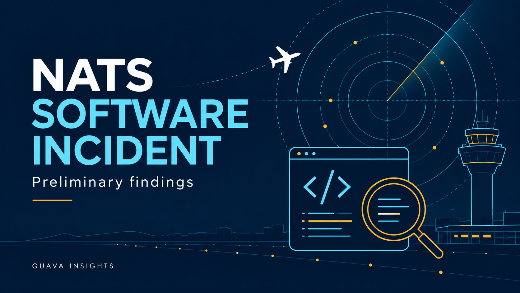 Blue and cyan illustration of radar rings, aircraft and a software inspection window.
