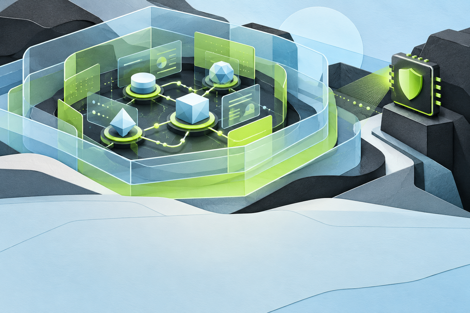 Lime and blue paper-cut illustration of AI nodes inside layered boundaries watched by a separate security chip