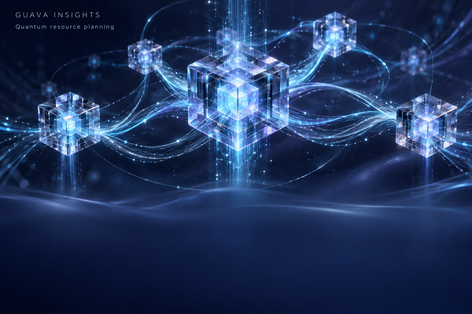 Cyan optical links connecting quantum computing modules against a midnight-blue background